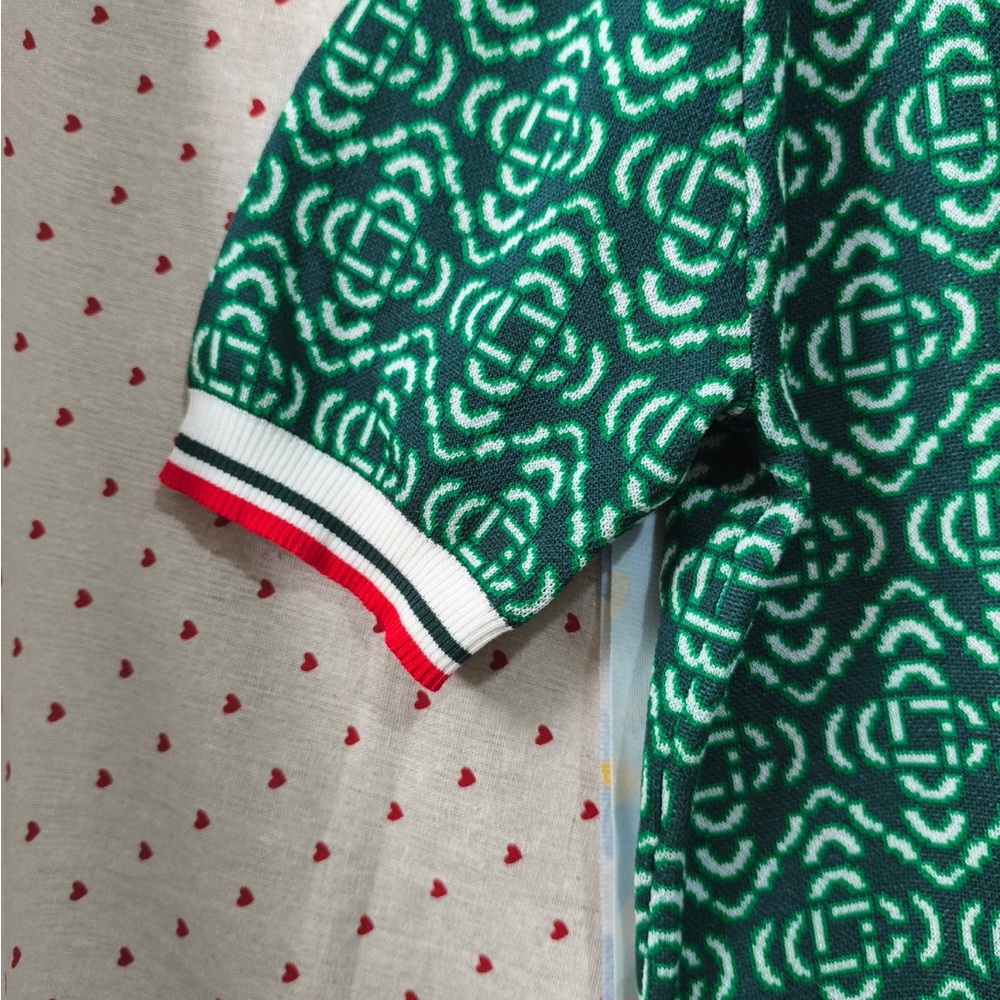 Casablanca Green Patterned Short-Sleeve Polo Knit Top with Ivory Collar - Picture 5 of 7